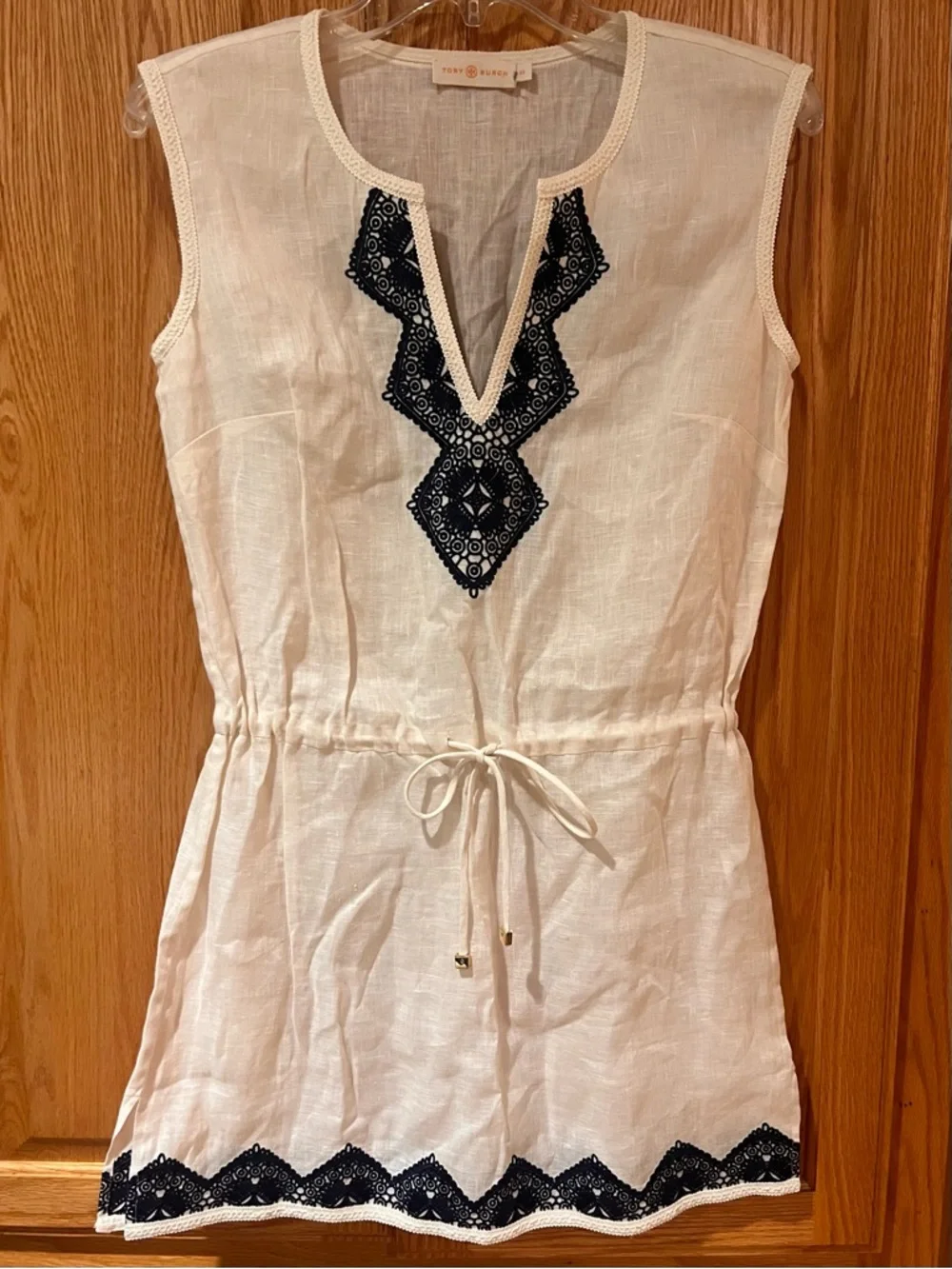 Tory Burch Margarita‎ Cream Linen Tunic Cover-Up Navy Blue Embroidery Size XS